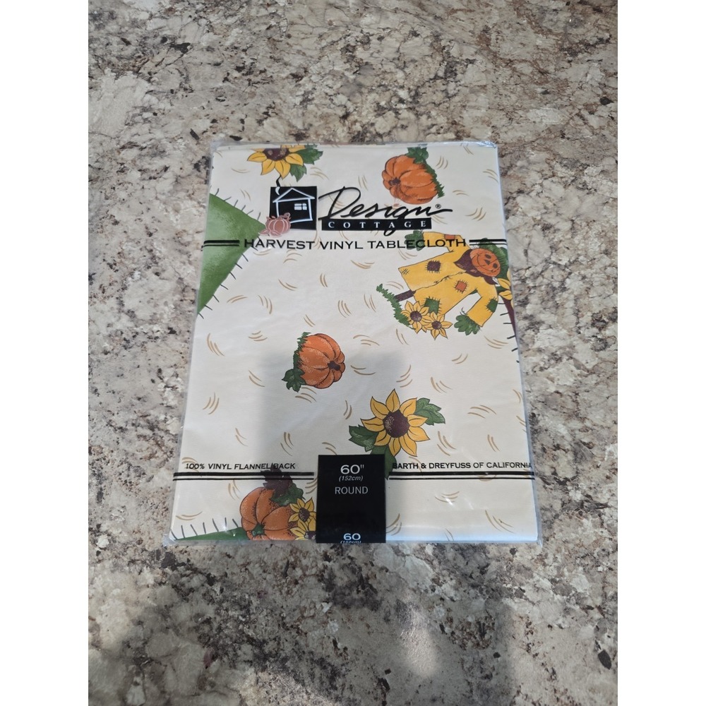 Vintage Design Cottage HARVEST FALL Vinyl Flannel Back Tablecloth 60" Round